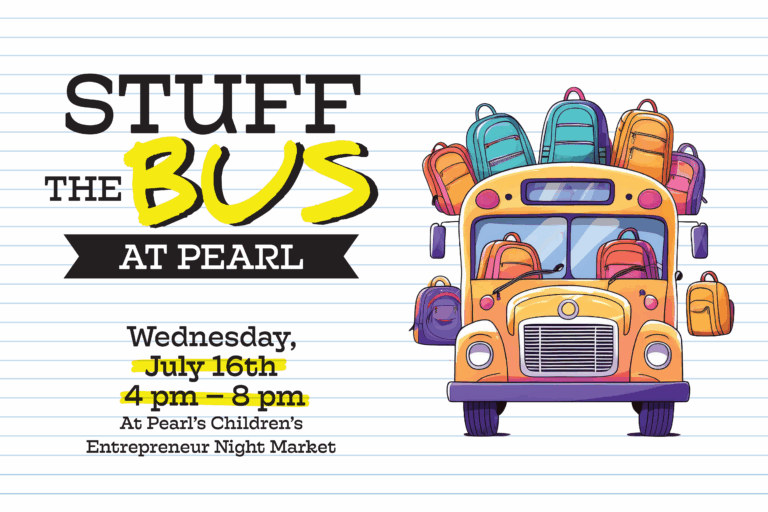 Graphic detailing the stuff the bus initiative with backpacks and a school bus image